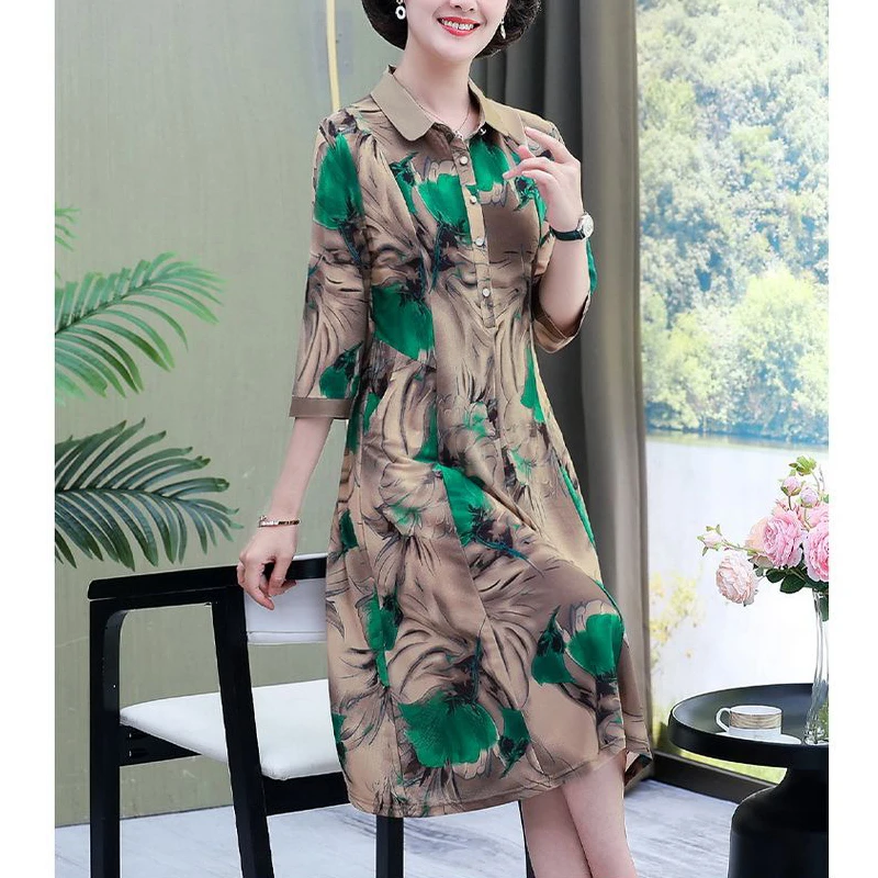 Middle Aged Elderly Women Retro Floral Print High Waist Elegant Dresses Spring Summer Fashion Lapel 3/4 Sleeve Shirt Midi Dress