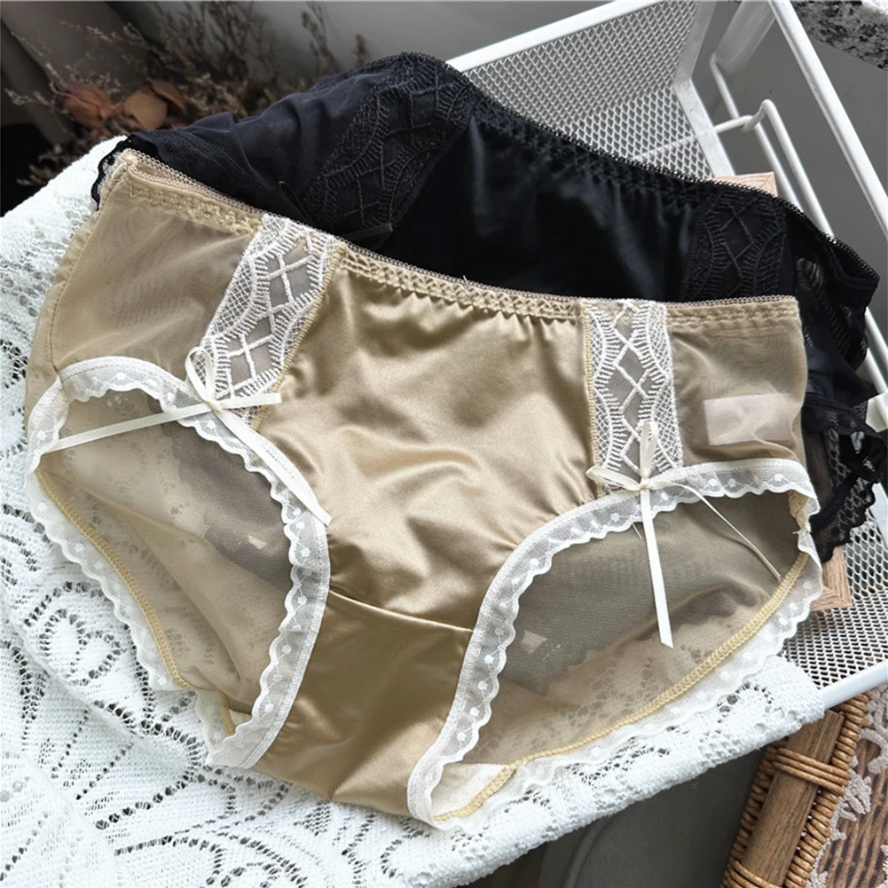 Sexy Womens Elastic Lingerie Light Luxury Shiny Ice Silk Mesh Underwear Lace Up Briefs Breathable Underpants Low Rise Panties