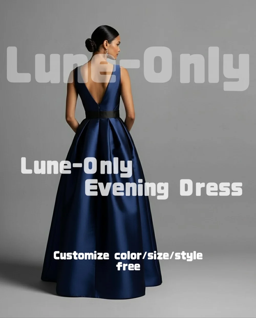 カスタマイズされたエレガントなダークブルーサテン女性のイブニングドレスフォーマルな機会のためのノースリーブバックレスウエディングドレスパーティードレス