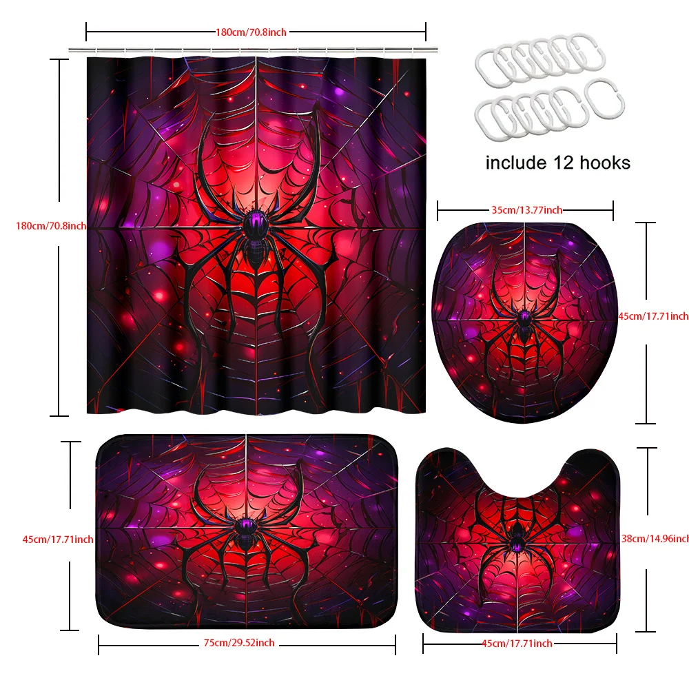 

4pcs Bloody Spider, Spider Web, Cool Print Pattern Shower Curtain Set, Waterproof Shower Curtain with 12 Hooks, Non-Slip Bath