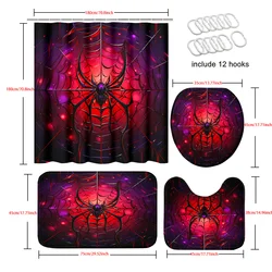 4pcs Bloody Spider, Spider Web, Cool Print Pattern Shower Curtain Set, Waterproof Shower Curtain with 12 Hooks, Non-Slip Bath
