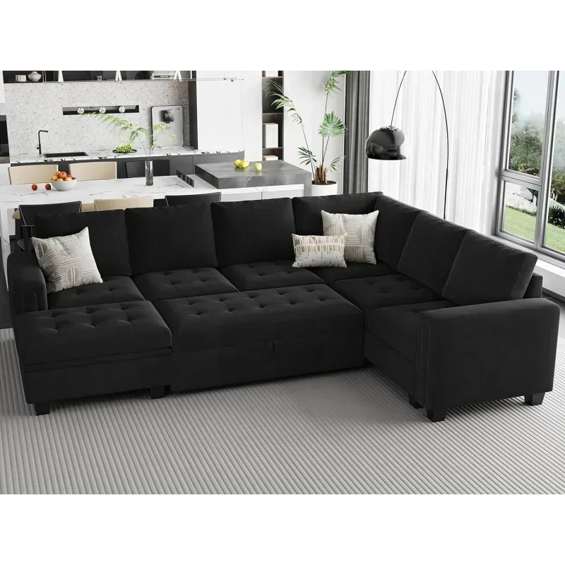 Modular Sectional Sleeper Sofa with Pull Out Bed U Shaped Sectional Sofa Couch Storage Ottoman Velvet Covertible 7-seater