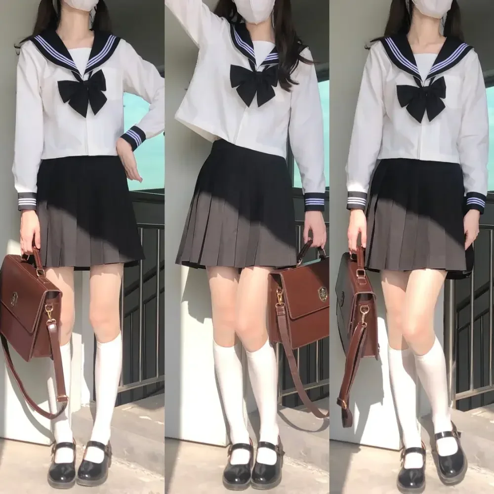 女性のための日本のニットプリーツスカート、制服、セーラースーツ、jkユニフォーム、襟、白い線、アニメの服、制服、コスコスチューム、基本