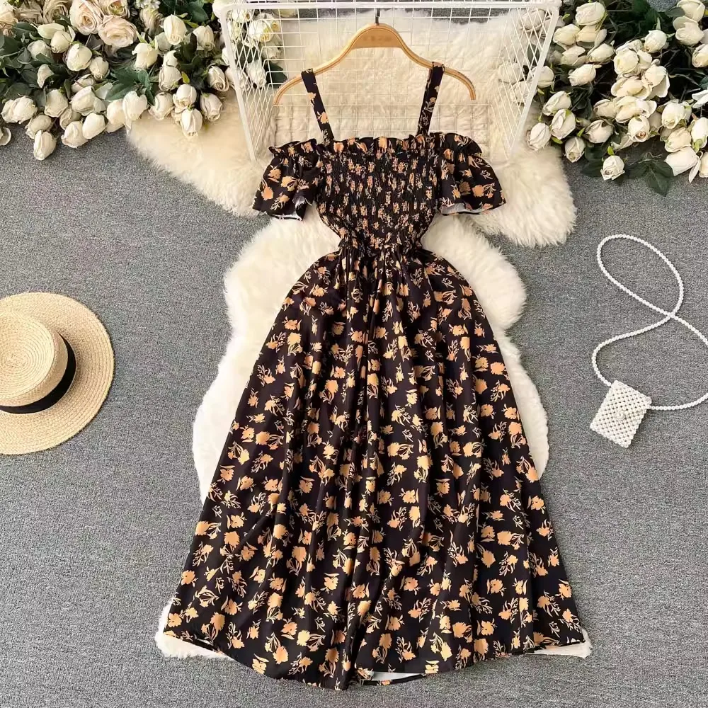 YuooMuoo Romantic Floral Print Long Summer Dress Women Fashion Off Shoulders Straps Vacation Beach Dress Korean Party Vestidos