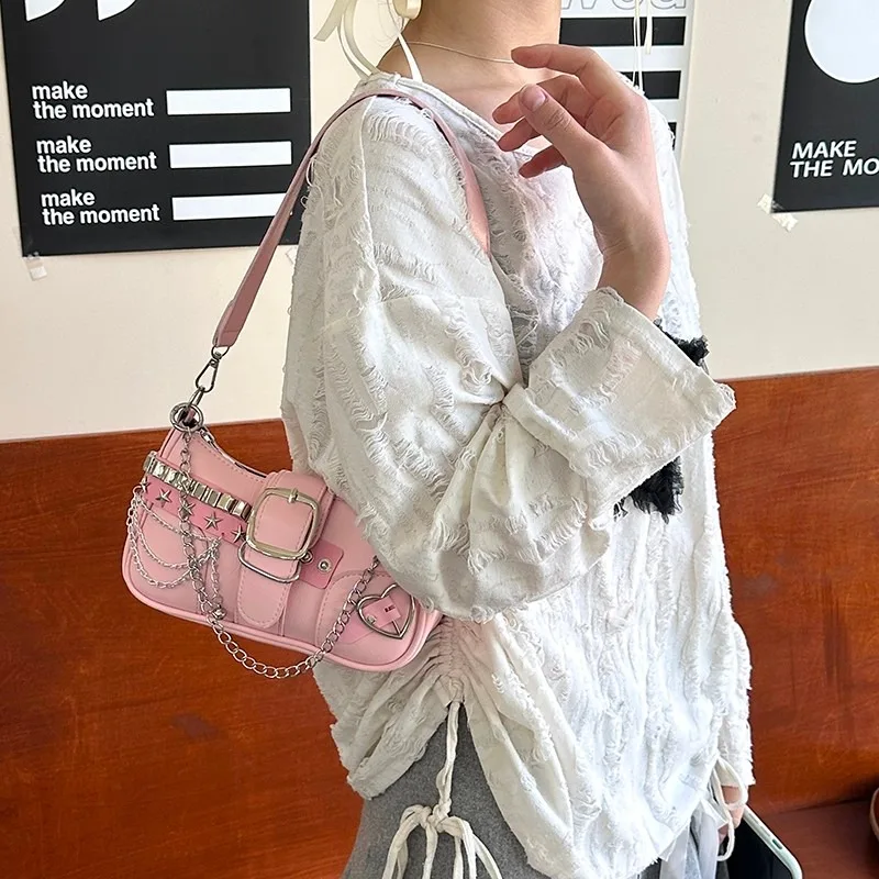 Chain Pin Buckle Metal Star Appliques Solid Zipper Shoulder Bag Fashion Tote Bag 2024 Hot Sale Bags for Women Bolsas Femininas