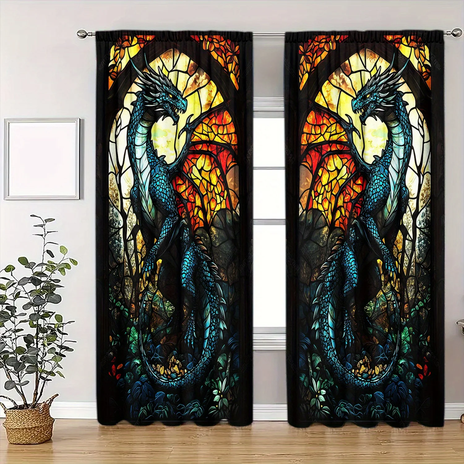 2pcs Stained Glass Dragon Curtains Fantasy Mythical Beast Window Drapes Gothic Medieval Decor Living Room Bedroom