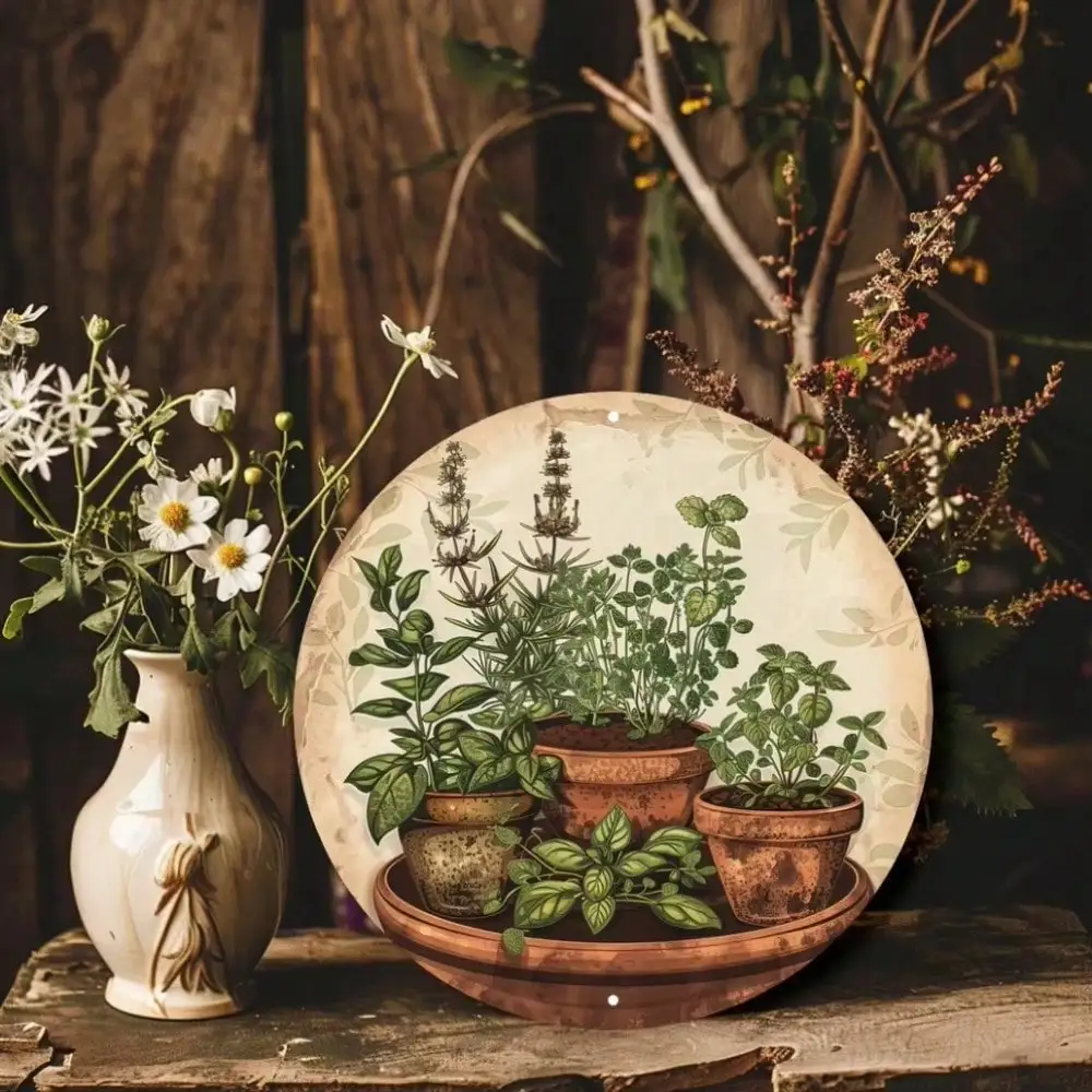 Vintage Metal Wall Sign, Herb Garden Decor with Rustic Cutout for Patio Porch Indoor Outdoor