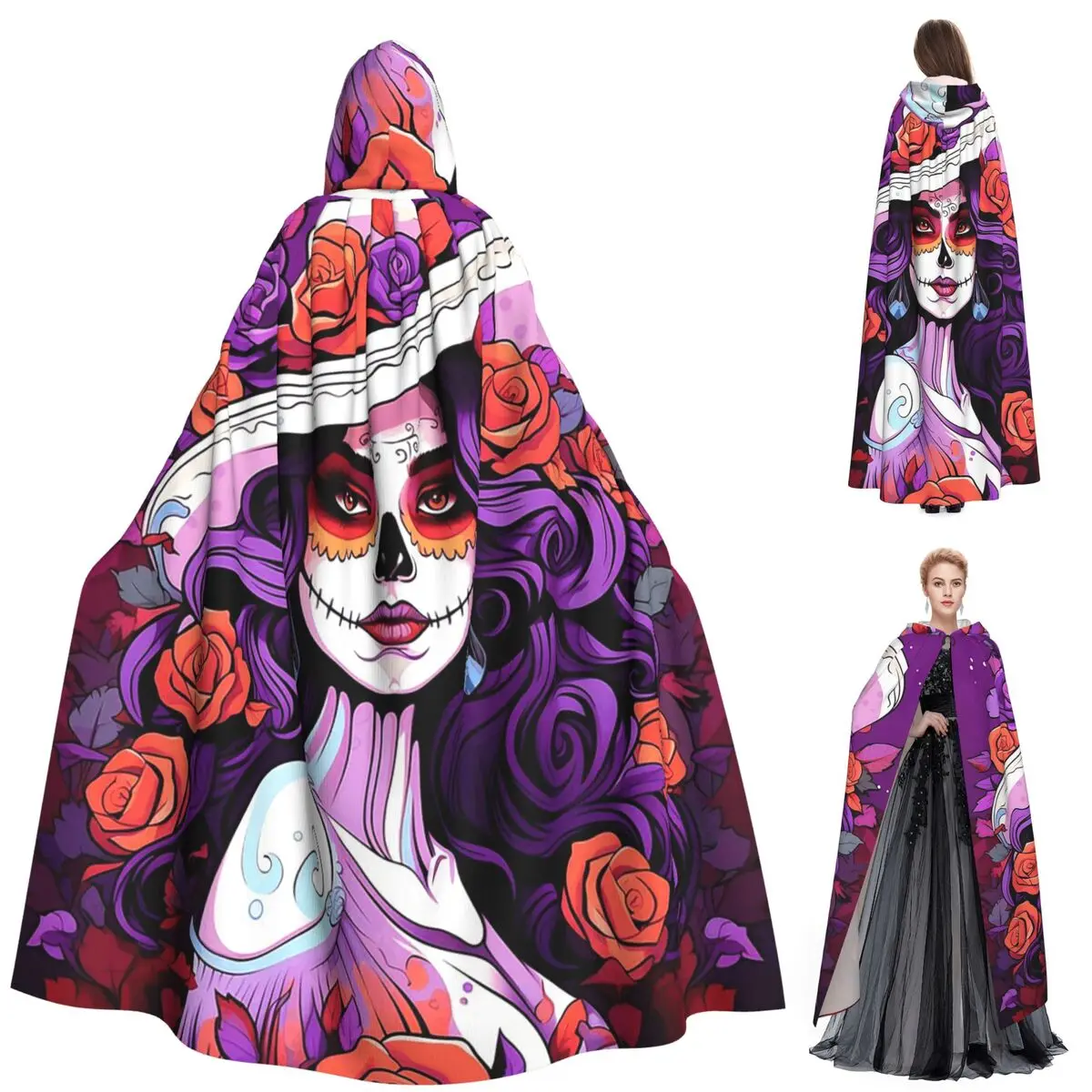 

Мексиканская Catrina Girl День мертвых сахарный череп длинный плащ с капюшоном ведьма средневековый костюм косплей накидка Хэллоуин вампир унисекс