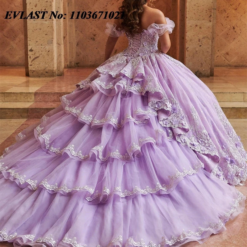 EVLAST Princess Lilac Ball Gown Quinceanera Dress Off Shoulder Lace Applique Beading Tiered Sweet 16 Vestidos De XV Anos SQ311