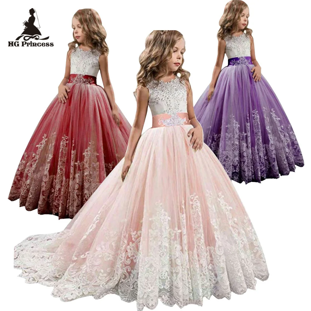 New Party Gown For Kids 2-14 Years Lace Patchwork Flower Girl Dresses Bows  First Communion Dress Tulle Ball Gowns With Trailing