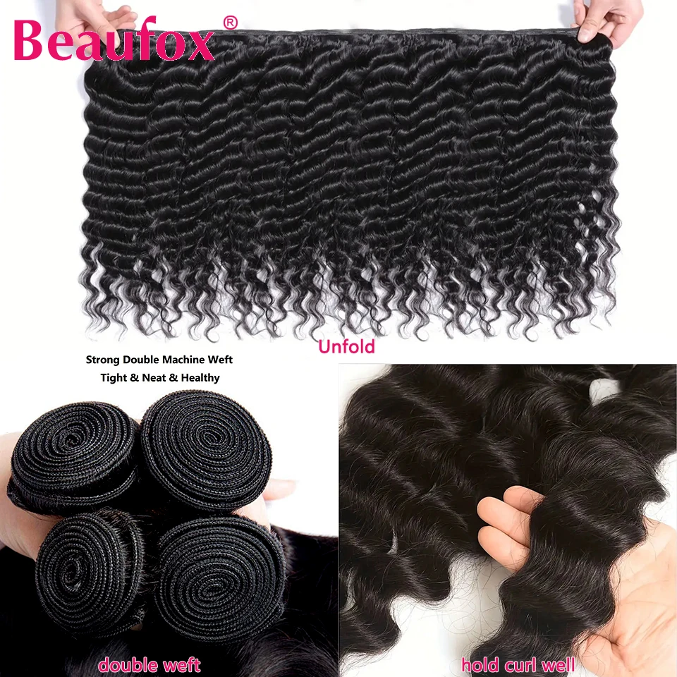 Beaufox หลวม Deep WAVE มนุษย์ผม Double Weft Wavy Human Hair Bundles บราซิล Remy ผมรวมกลุ่ม 1/3/4 PCS