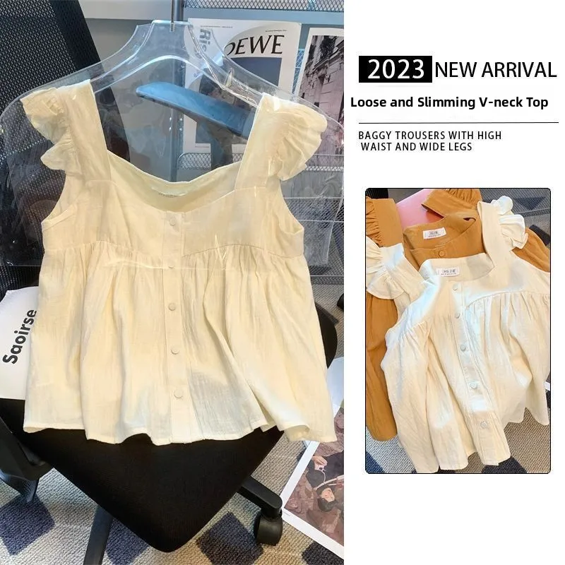 

Summer Women's Square Collar Vest Doll Shirt Inner Wear Sleeveless Top with Fly Sleeve Strap Design Fashionable Slim Fit Blouse