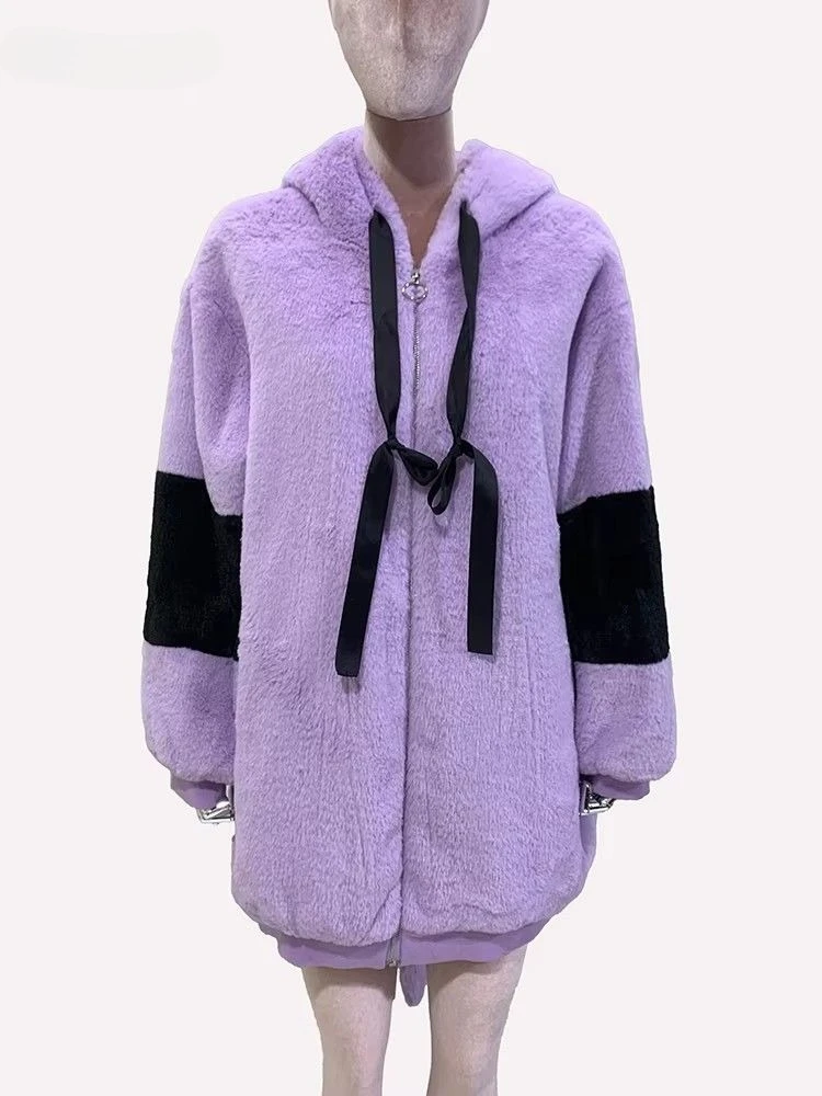 

Soft Cute Sweet Y2k Hooded Faux Fur Coat Women Winter Warm Thicken Fur Jacket Rabbit Ears Outerwear Loose Streetwear Harajuku