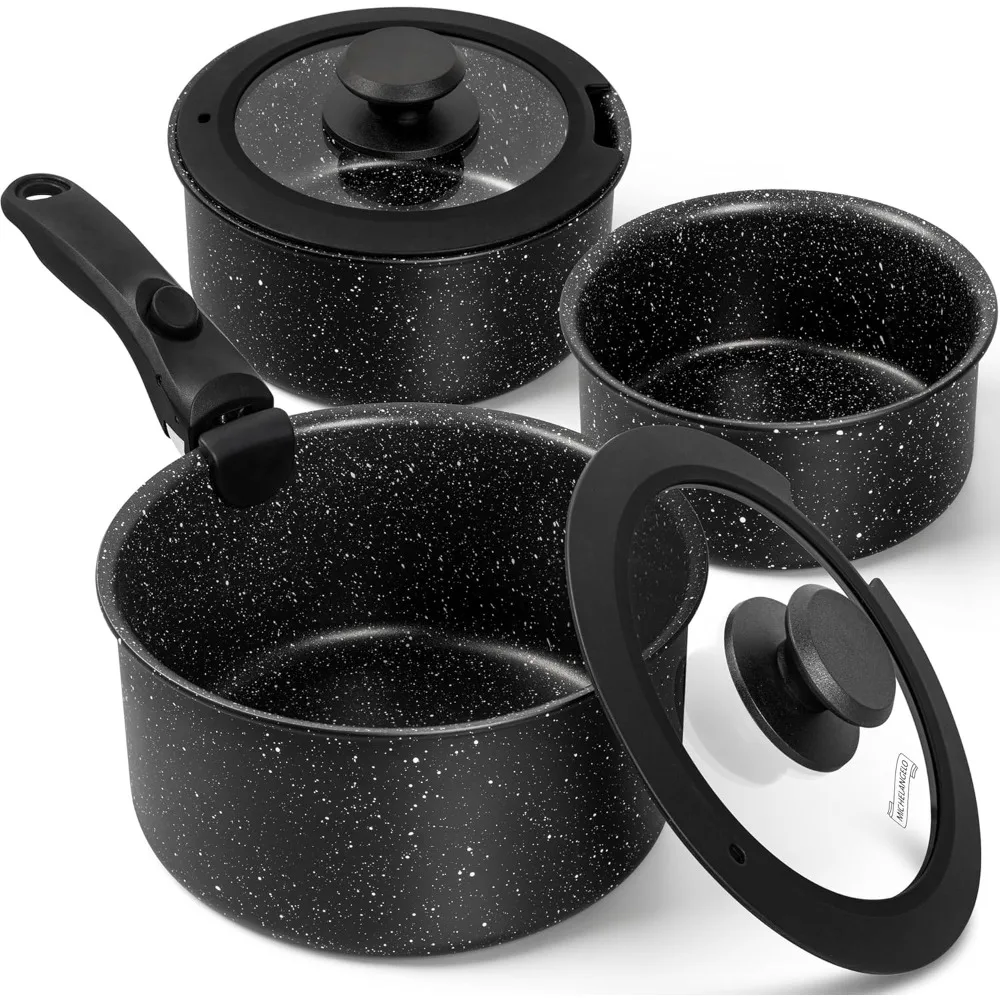 

MICHELANGELO 6pcs Sauce Pan Set, Nonstick 1Qt /2 Qt / 3Qt Pots with Removable Handles, Non Toxic Stackable Pot Set Oven Safe