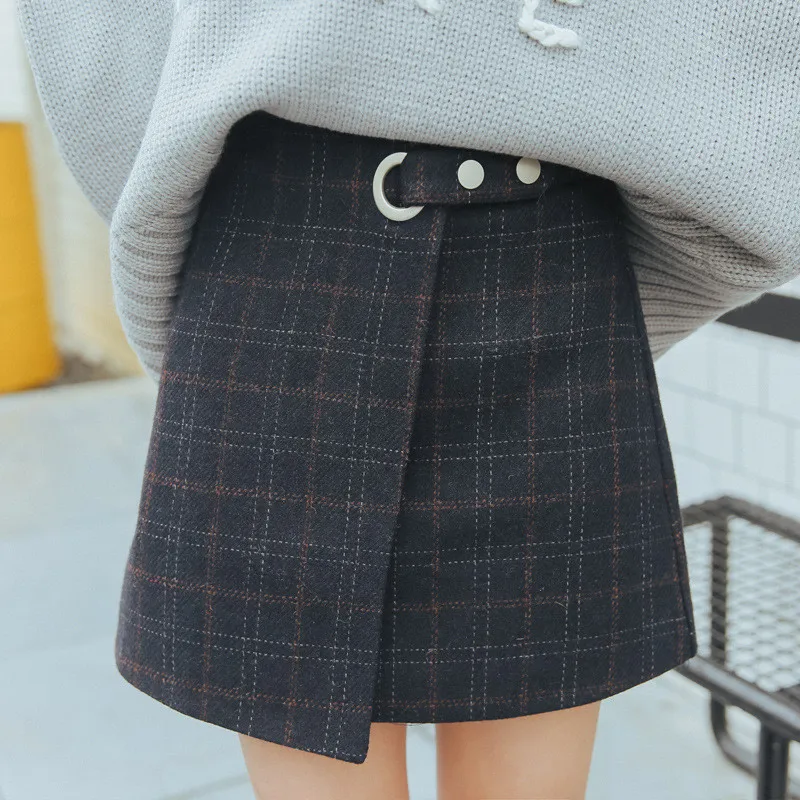 

Women Harajuku Thickened Woolen Plaid Retro Skirts Ulzzang Autumn Winter Female Cute Patchwork Japanese Kawaii Skirts for Female