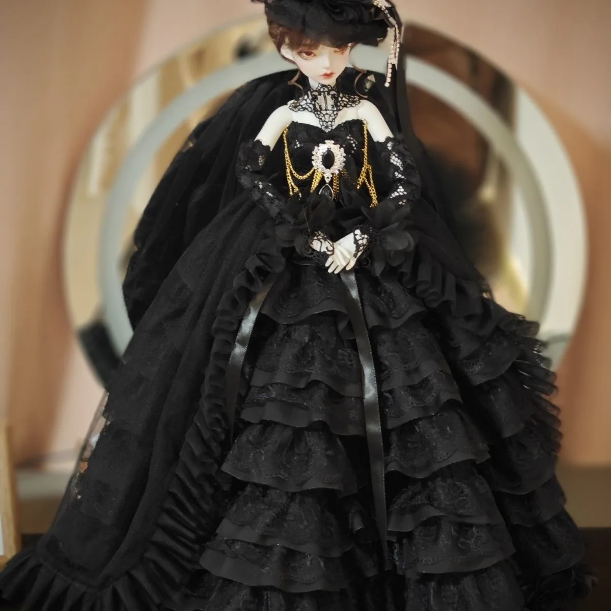 人形服-1-3-1-4-1-6-bjd-スカート-ロリータ風ドレス-帽子、黒のレトロなハロウィンドレス