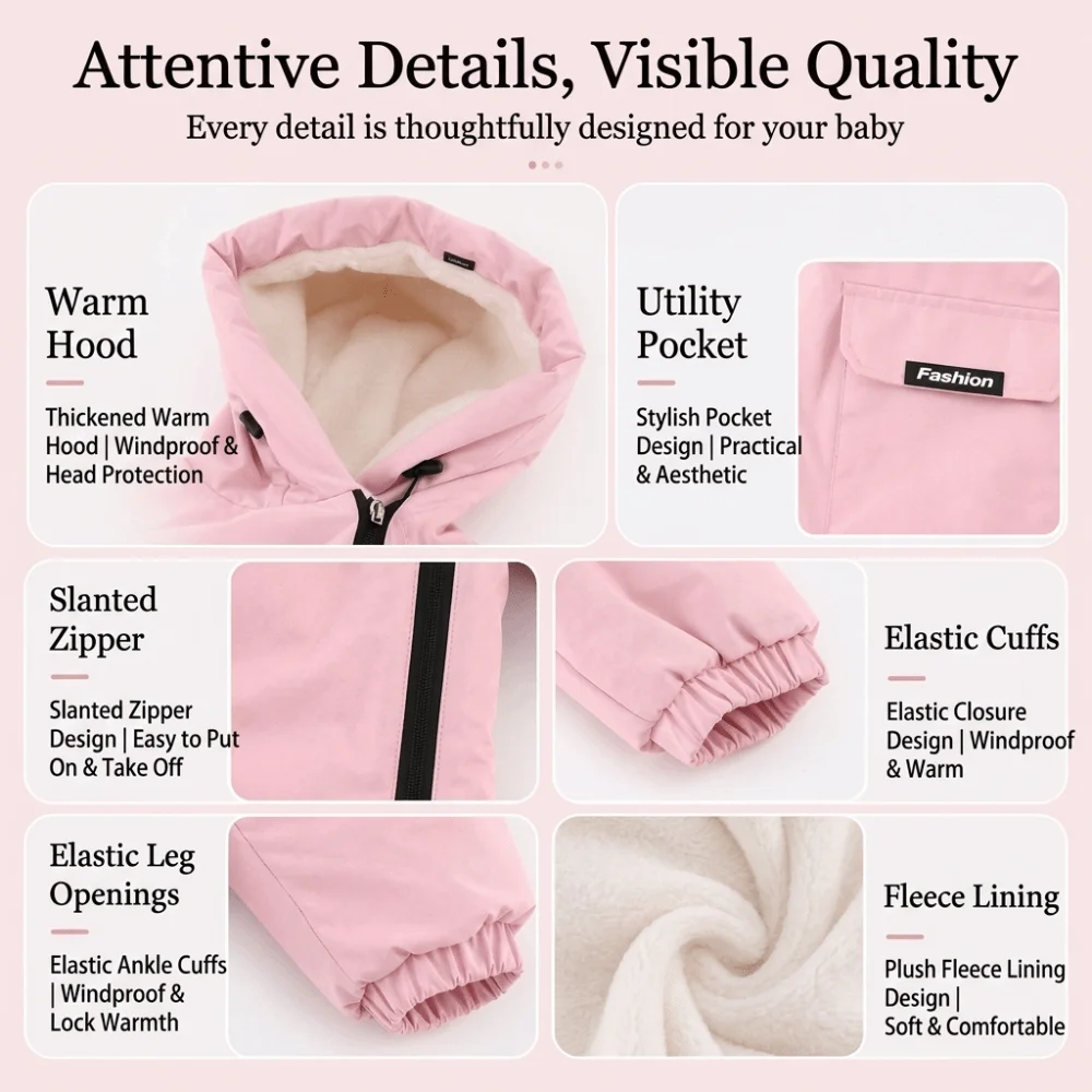 Thick Fleece Lined Snow Suit Waterproof Warm All-In-One Snow Suit Active Movement Design Comfortable Fit Baby Romper
