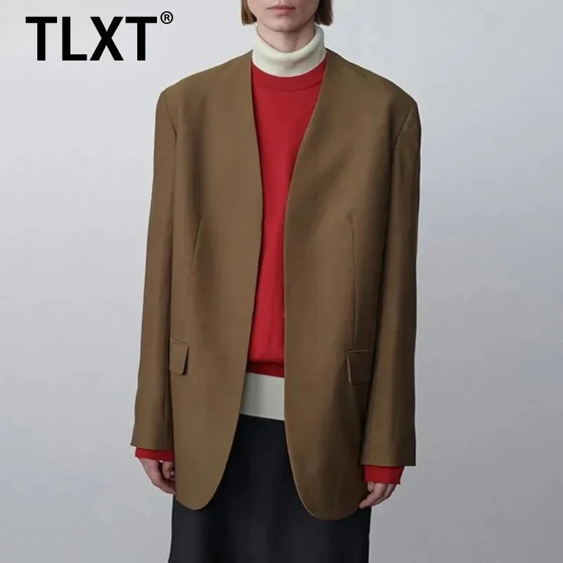 

TLXT Элегантные женские минималистичные пиджаки с v-образным вырезом и длинными рукавами, однотонные свободные куртки, офисные женские пальто, женская одежда, новинка 2023 года, XK1338