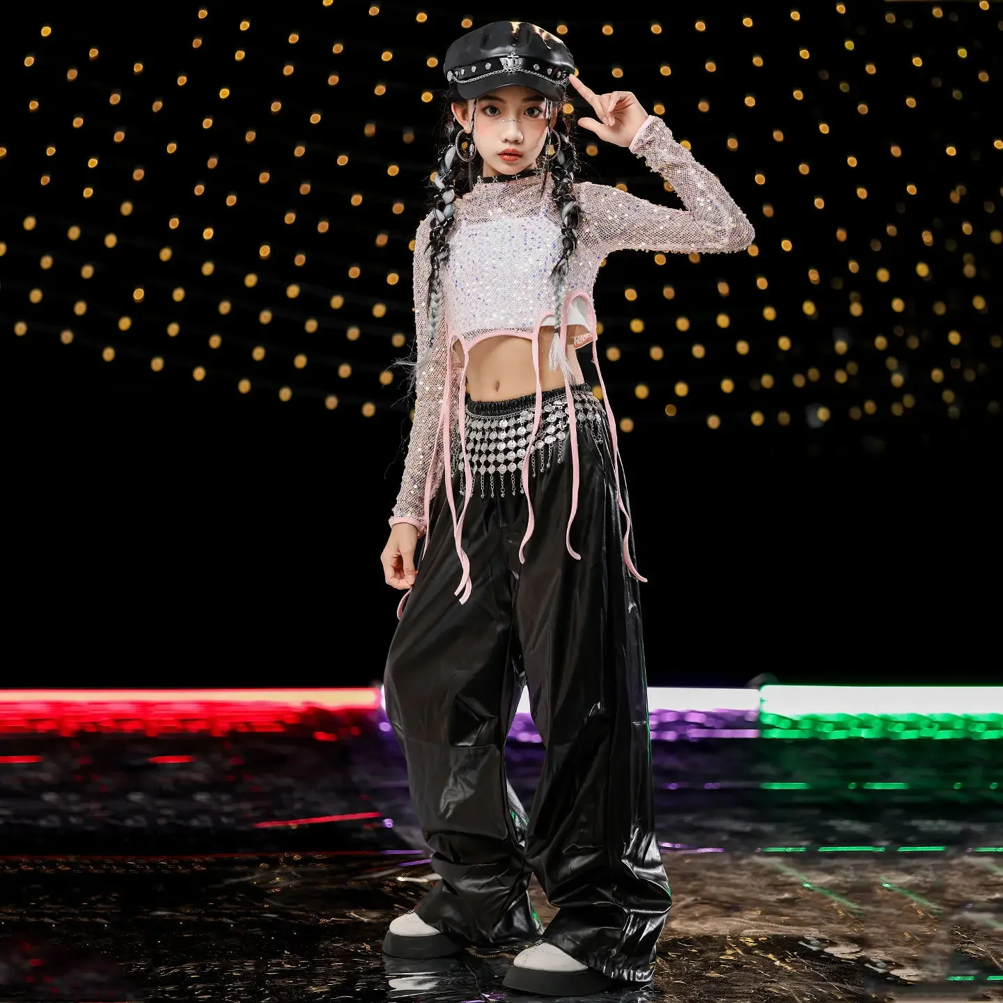 Fantasia de dança de jazz para meninas, hip-hop, lantejoulas, dança de rua, conjunto de pista, grupo de meninas, fantasia de performance de palco