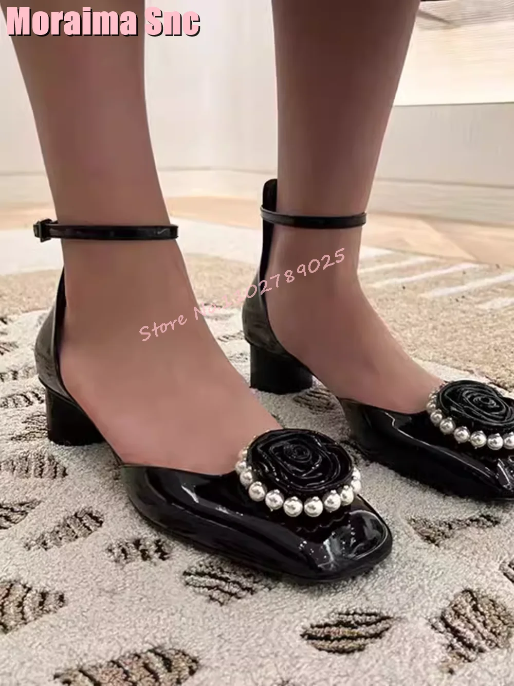 

2024 New Pearl Flower Square Toe Mary Janes Patent Leather Round Mid Heel Ankle Buckle Strap Fashion Women Shoes Casual Outdoor