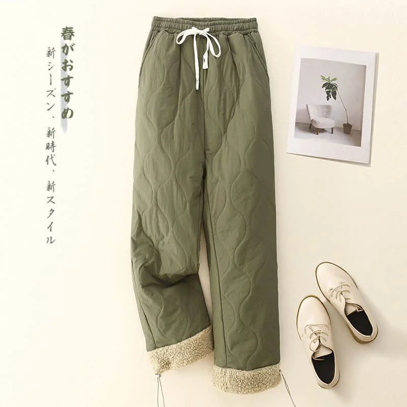 Quilted Straight Pants for Women Winter Vintage Korean Style Trousers Casual Lightweight Cotton Added Cargo Pants Women Clothing