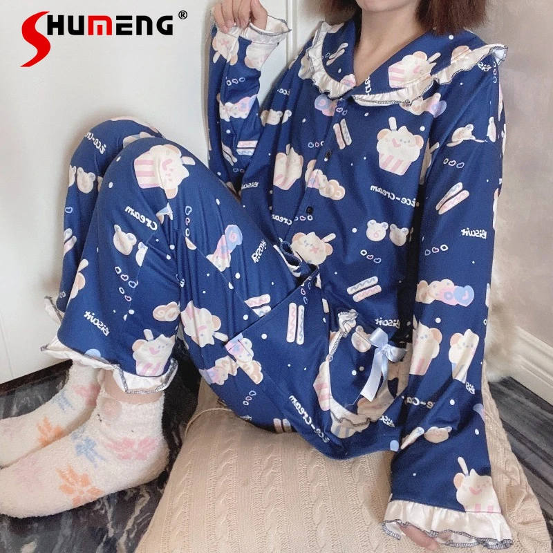 

Парная пижама с отложным воротником для женщин, комплект для сна с милым медведем и длинными рукавами, женская осенне-зимняя элитная домашняя одежда