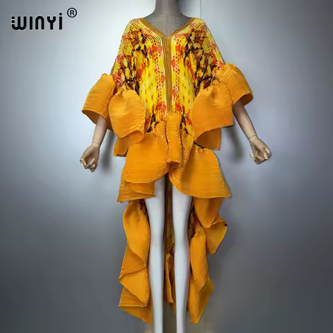 WINYI summer Pleated Elastic Maxi Kaftan Boho Evening Dress Elegant Beach Cover up Luxury Party Dress Dubai Style Abaya