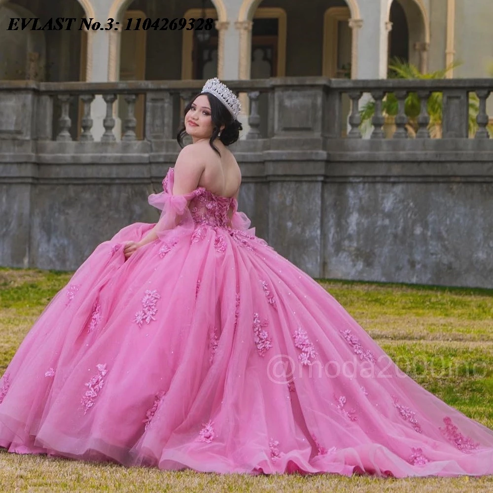 EVLAST Customized Princess Pink Quinceanera Dress Ball Gown Lace Applique Beading Tie Corset Sweet 16 Vestidos De 15 Anos E3Q87