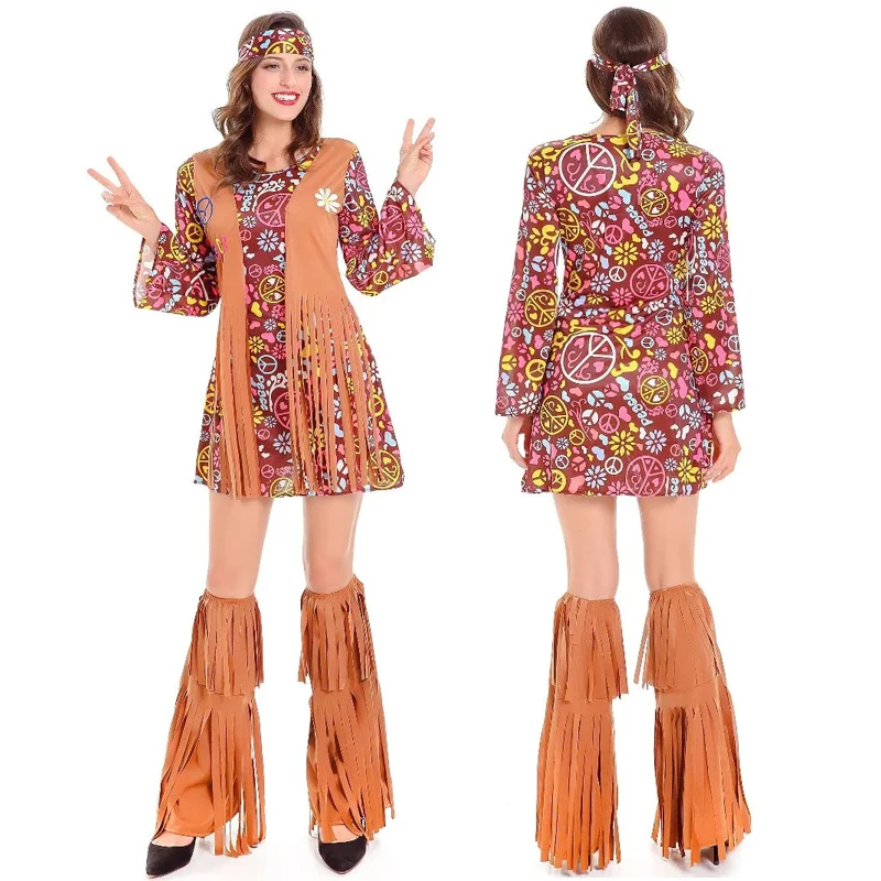 

Hippie Costume Women Peace Love Girls Party 60s 70s Hippie Stage wear Costume Indian Tassels Hippie Performance Accessories