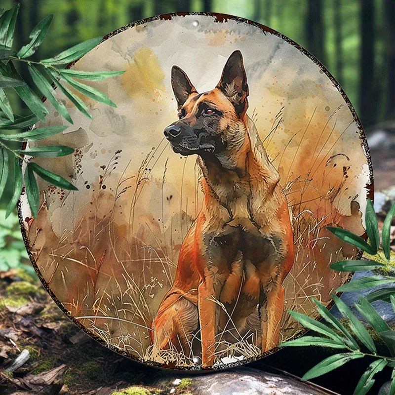 [2D Flat] 1pc 20.32x20.32 cm Round Aluminum Sign - Belgian Malinois Metal Wall Art, Rustic Forest Scene with Dog, Ideal for Home
