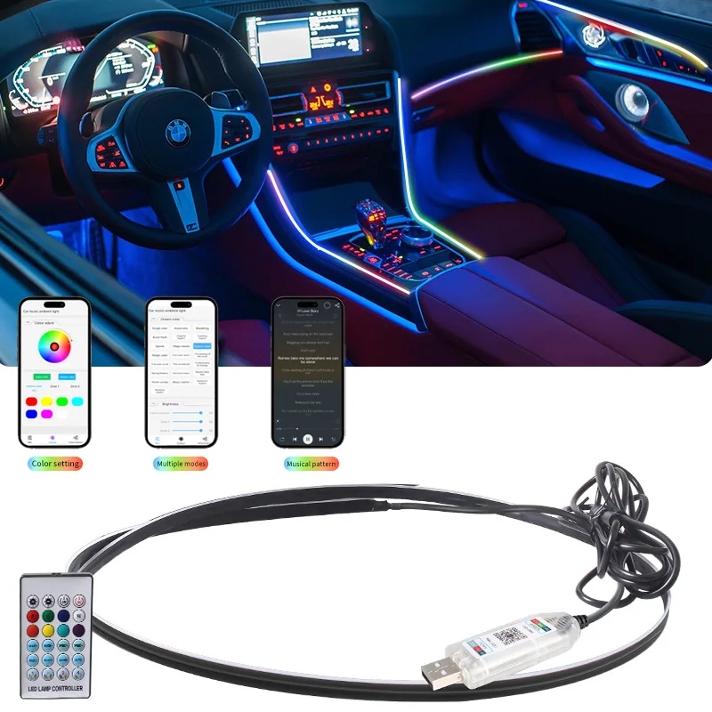 43.31 inch Streamer Car Ambient Lights RGB 64 Color Universal LED Interior Hidden Under Acrylic Strip Symphony Atmosphere Lamp