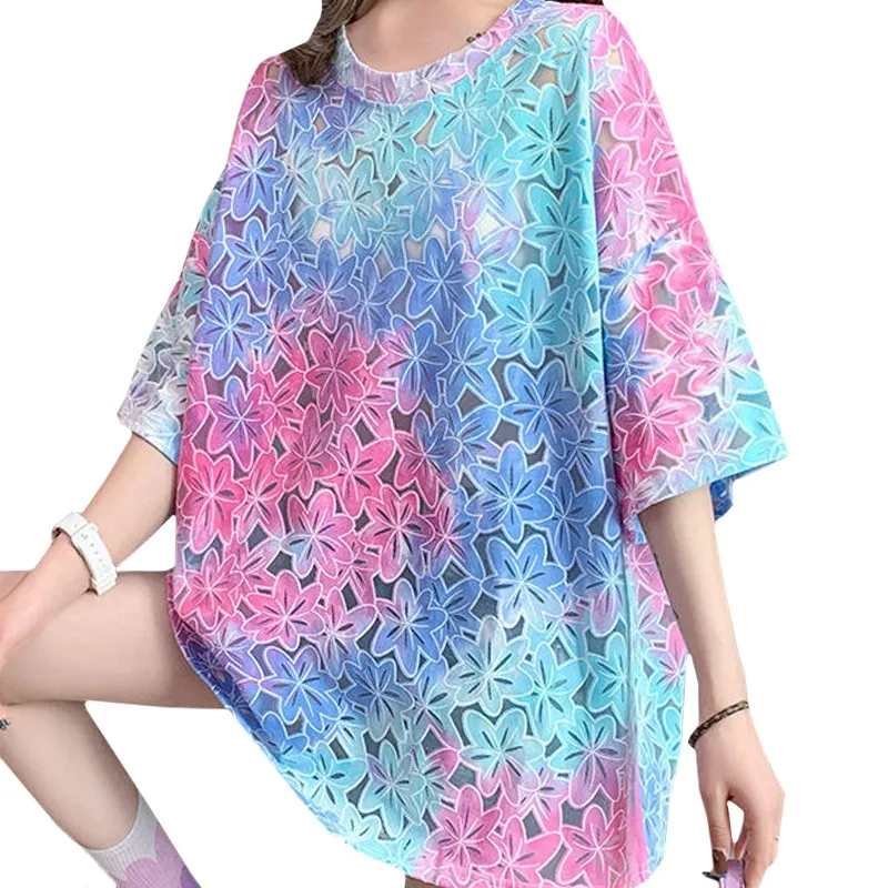 

High Quality New Style Sexy Harajuku Women Summer T Shirt Hollow Flower Mid-length Girl Tees Casual Colorful Tie-dye Tops Female