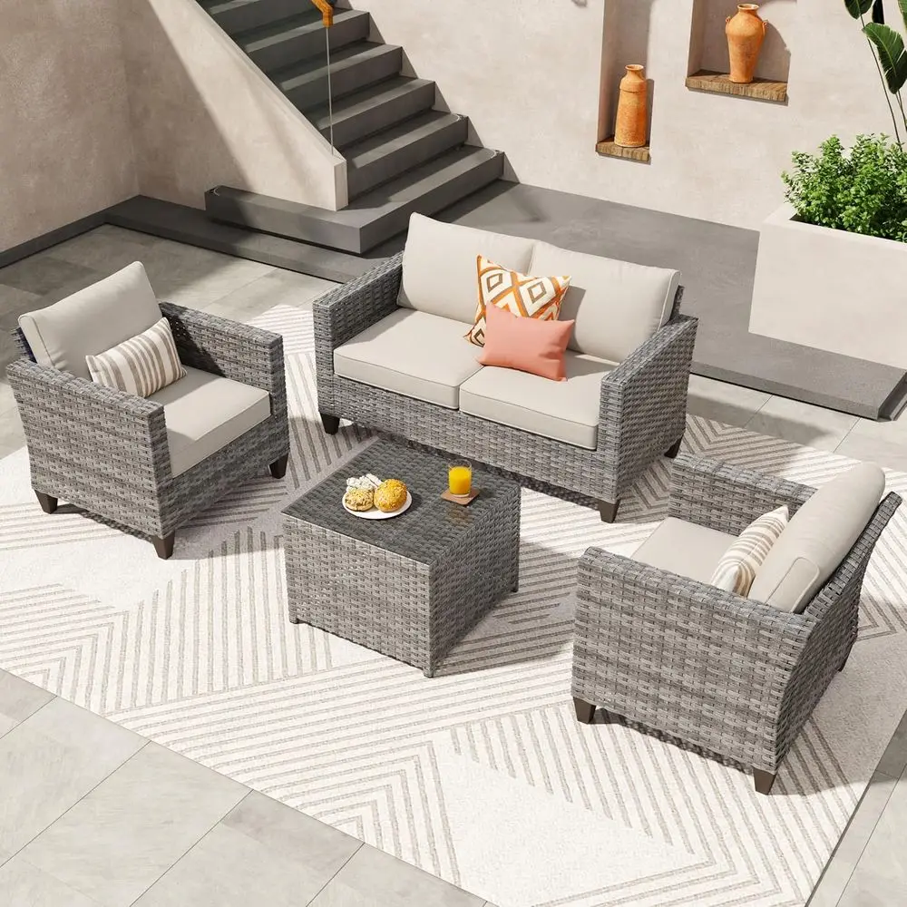 

Комплект садовой мебели из 4 предметов: диван, кресло-софа, стулья и кофейный столик, бежевый цвет