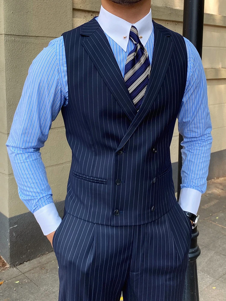 High-End Men's Striped Suit Vest Italian Style Neapolitan Double-Breasted Lapel Vest Retro Waistcoat Fashion