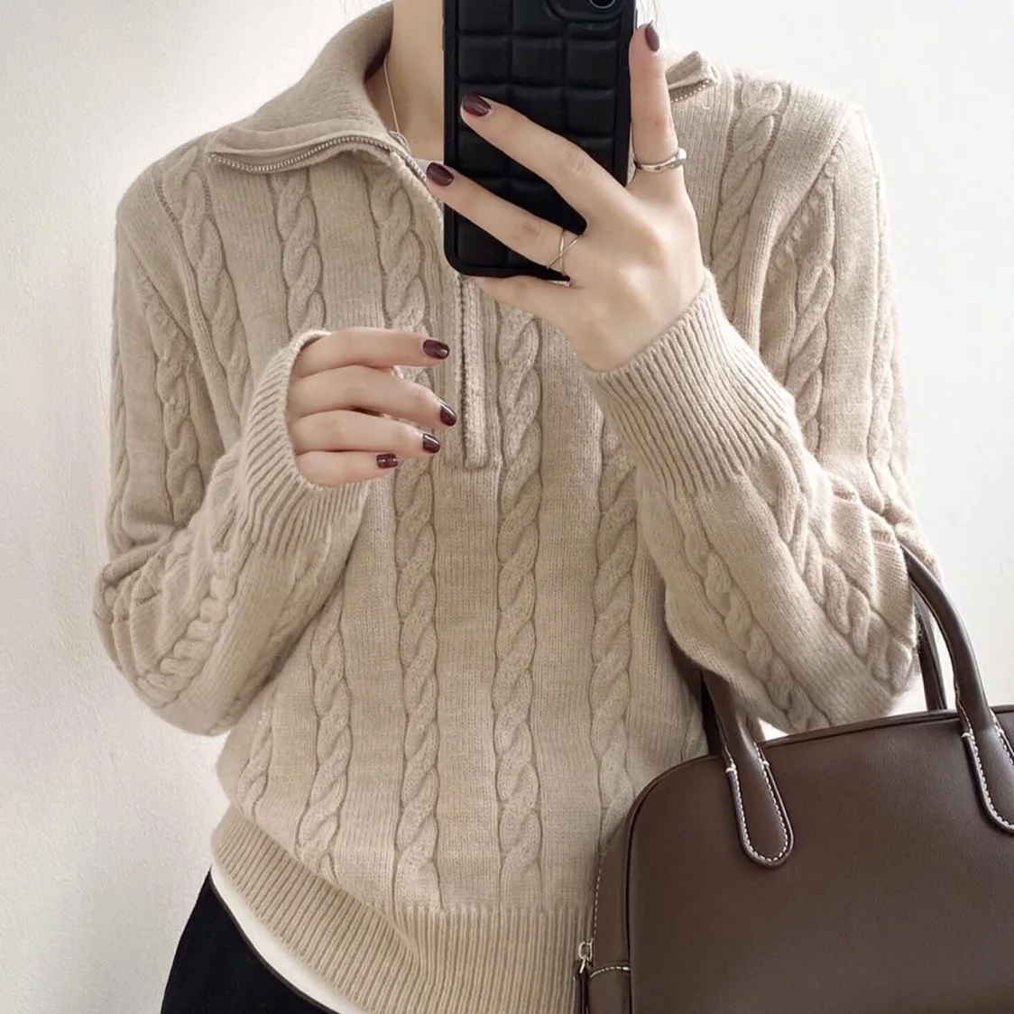 

Women Pullovers Solid Sweaters Zipper Turn Down Collar Full Sleeve Knitted Short Tops Splice Autumn Winter Loose Casual Jumpers