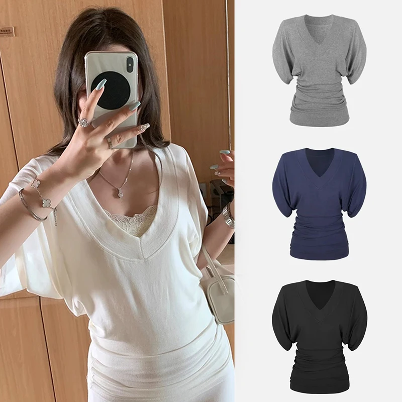 High-End European Style Women's T-Shirt Guangzhou Thirteenth Factory Short Sleeve Pleated Waist-Cinching Summer Top