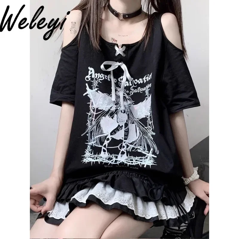 Kawaii Jirai Kei T Shirt Summer Japanese College Style Wear Womens Drawstring Off Shoulder Anime Cute Sweet Short Sleeve Y2k Top