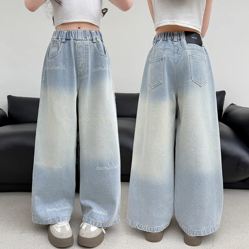 

Kids New Designer Letter Ripped Jeans For Teenage Girl Vintage Distressed Harajuku Denim Pants Child Fashion Wide Jeans Trousers