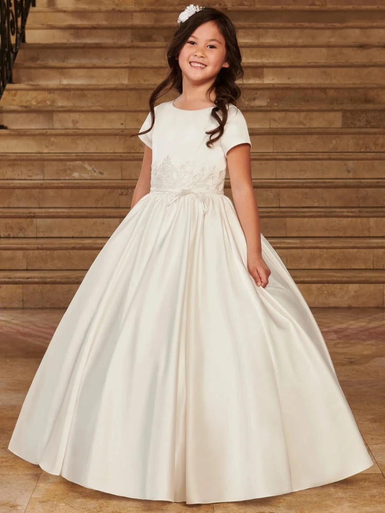 Vestidos de flores para niñas, bordado floral de satén de marfil con cinturón de lazo, Manga corta para boda, fiesta de cumpleaños, banquete, vestidos de princesa