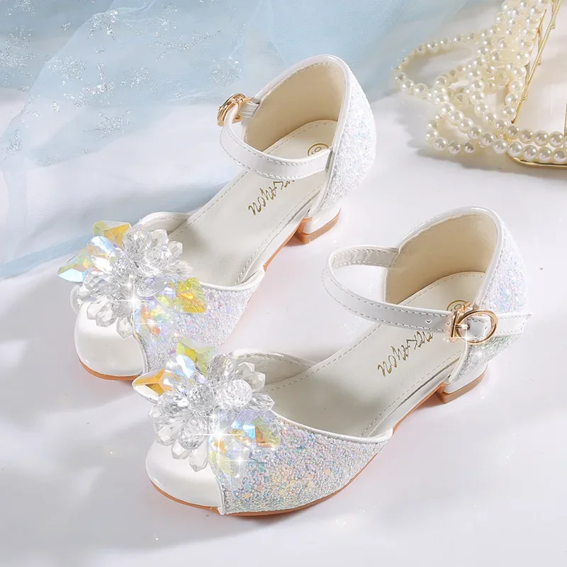 Girls Sandals 2024 Spring Summer New Fish Mouth Children's High Heels Little Kids Baby Soft Soles Princess Crystal Flower Shoes