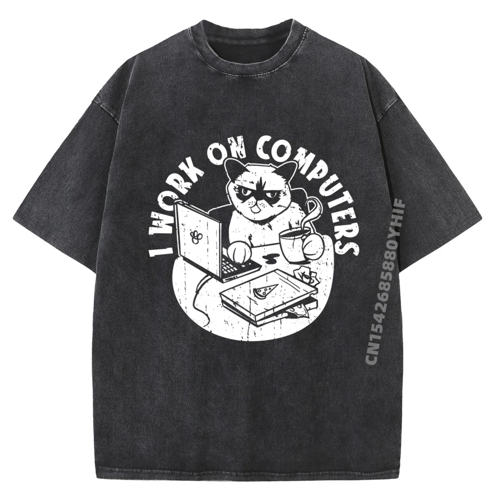 

I Work On Computers Cool Trendy Graphic T-Shirt Men Tees Printed Tops Mens Classic Washed Shirts Daily Wear