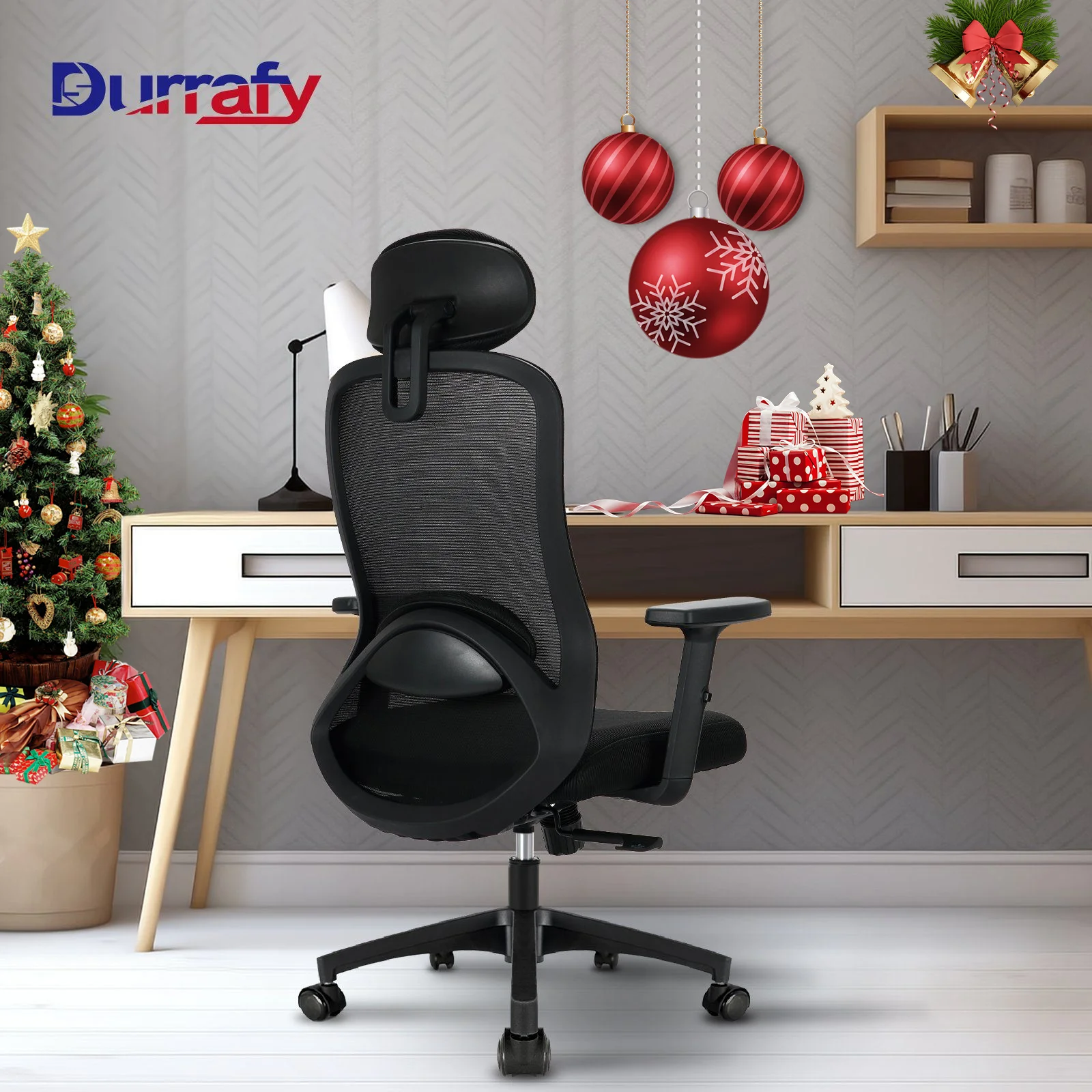 Durrafy Ergonomic Office Chair, Pc Gaming Chair, Office Desk Chair with Headrest, Armrest, Lumbar Support, Tilt and Swing Function