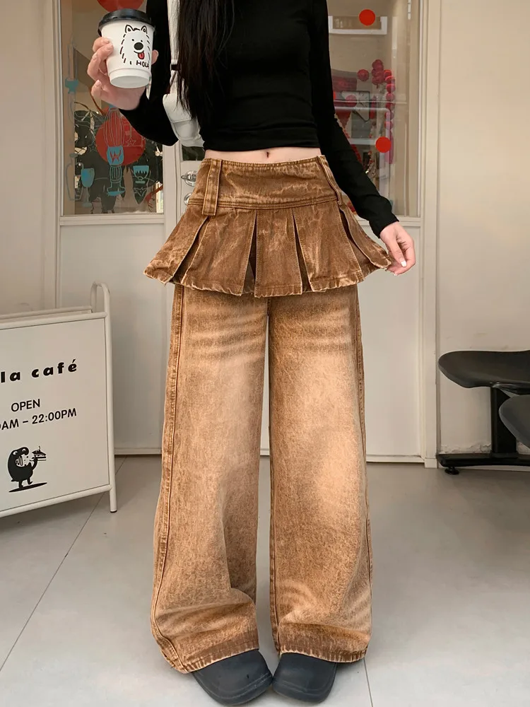 

2025 Cyber Y2K Streetwear Vintage Brown Baggy Stacked Jeans Pants For Women Clothing Wide Leg Lady Denim Trousers Pantalon Femme