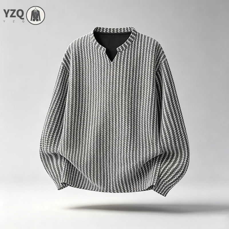 Mens V Notch Neck Striped Knit Top Long Sleeve Loose Fit Textured Material Daily Casual Outer Wear Shirt