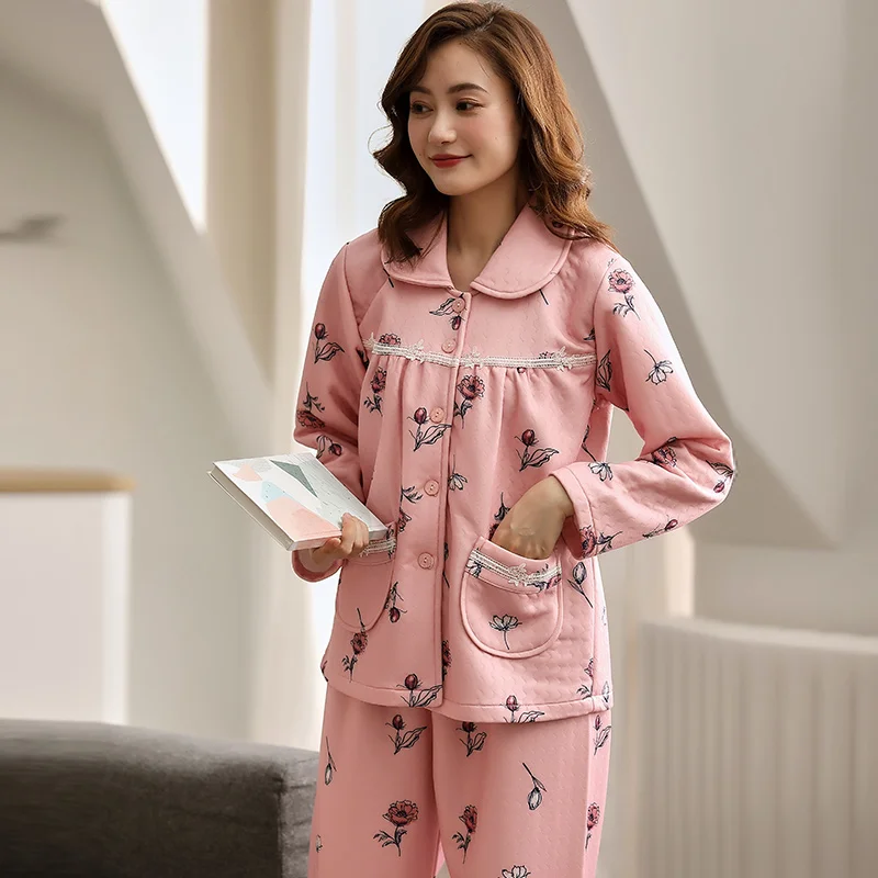 

Small Flowers Women's Autumn Winter Pajamas Long-Sleeved Cotton Quilted Warm Sleepwear Thick Home Clothes Large Size Pijama Set