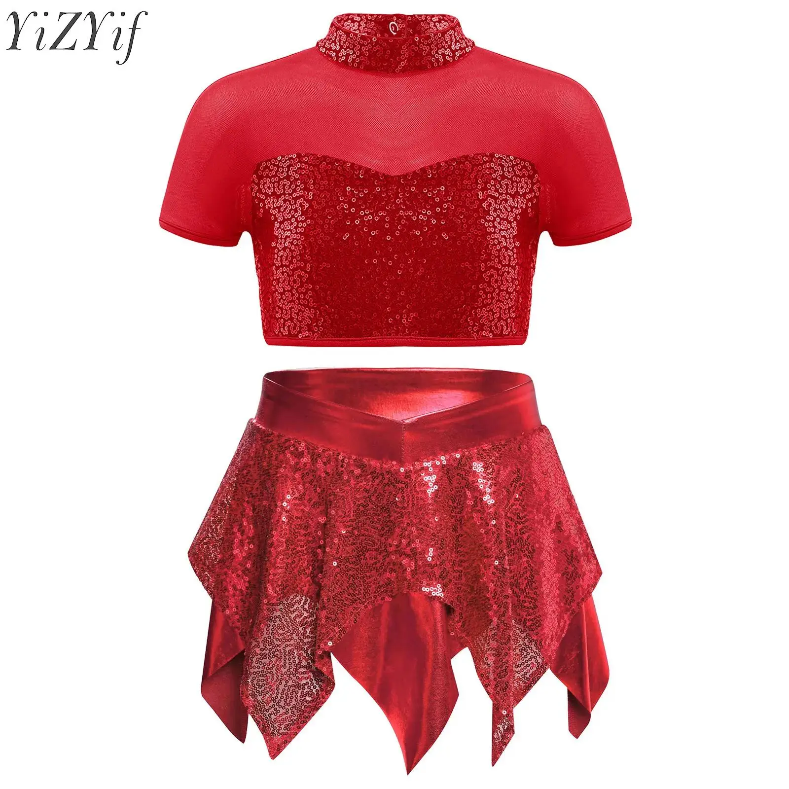 

Kids Girls Latin Jazz Dance Set Cutout Back Sequins Crop Top with Asymmetrical Metallic Skirt Lyrical Performance Stage Costume