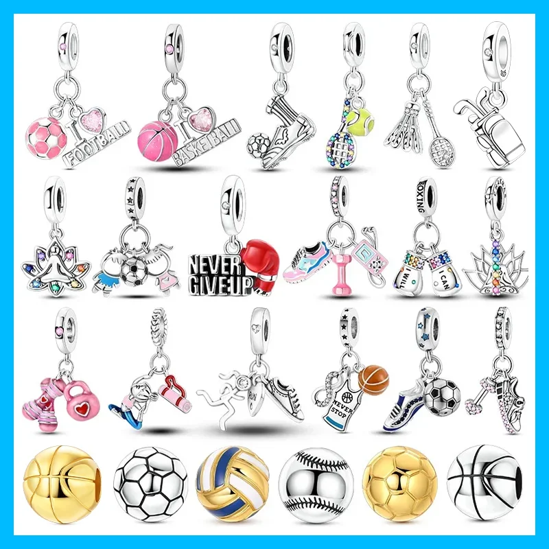 Badminton Boxing Fitness Yoga Sport Dangle Original Charm Silver Plated Bead Fit Bracelets Bag Keychain Diy Women Gift Accessory