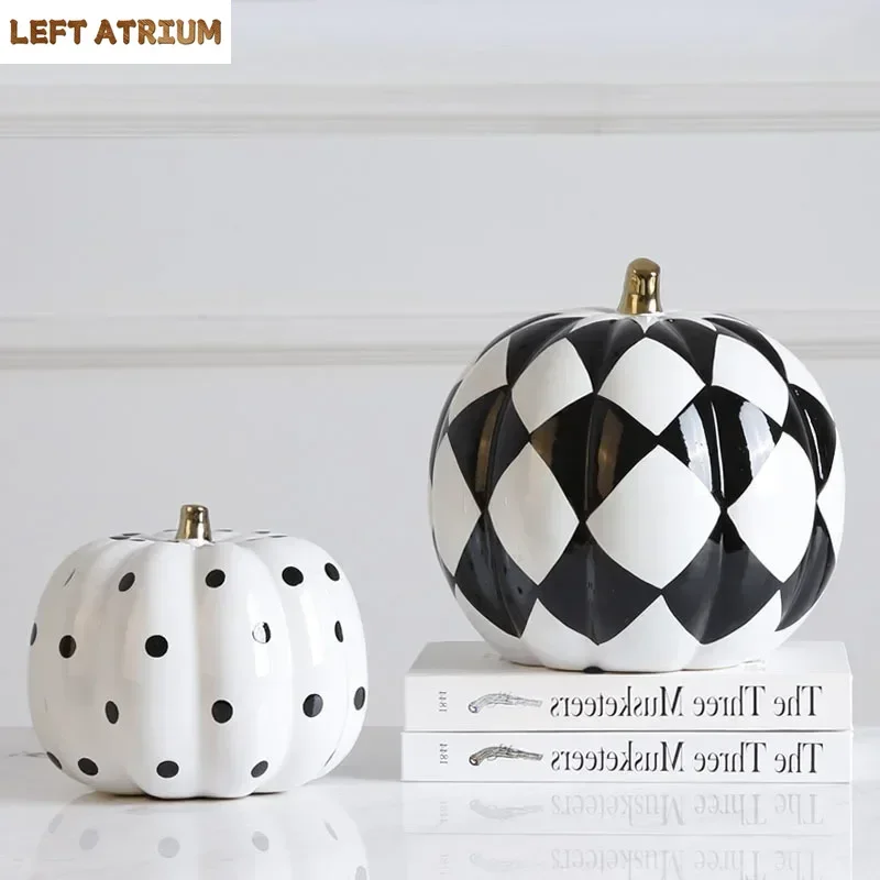 

Black White Pumpkin Ceramic Statuette Ornaments Office Study Desktop Decor Porcelain Crafts Statue European Home Decoration