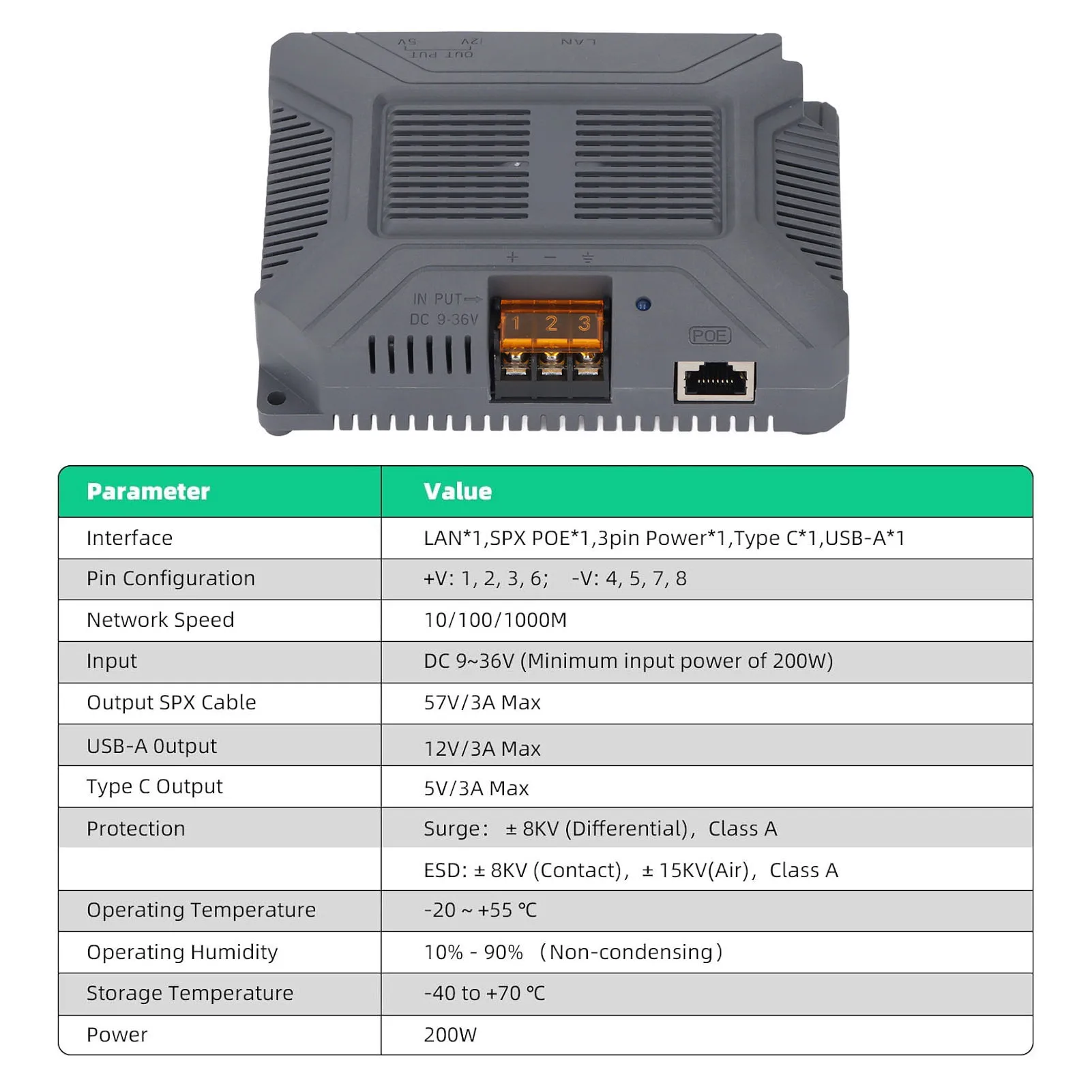 PoE Injector GigE PoE Injector Passive Safe Fast Data Transfer Surging Guard with SPX Cable Converter for Rectangular Satellite