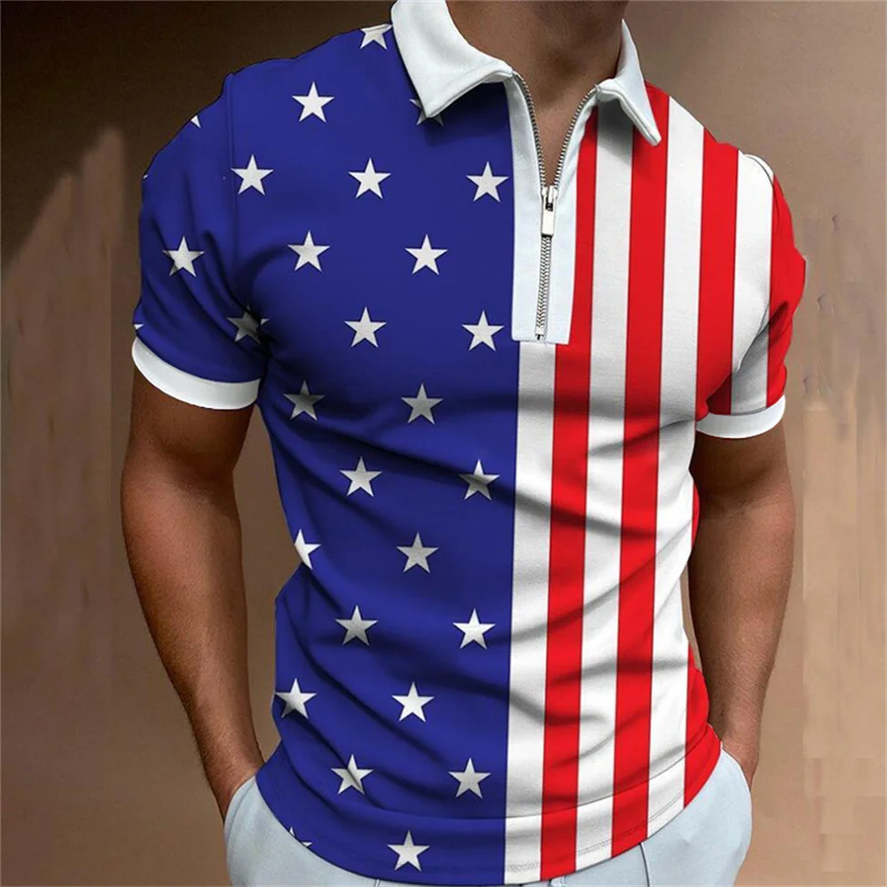 American Flag 3D Printed Summer Men\'s Zipper Collar Polo Shirt Casual Short Sleeve Oversized Tops Fashion Golf Wear Men Clothing